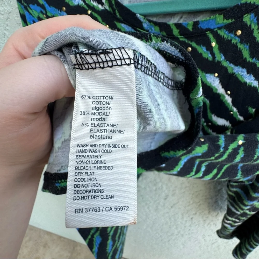 Rafaella XL cotton blue green diagonal tiger stripe artistic beaded blouse top - Picture 5 of 7